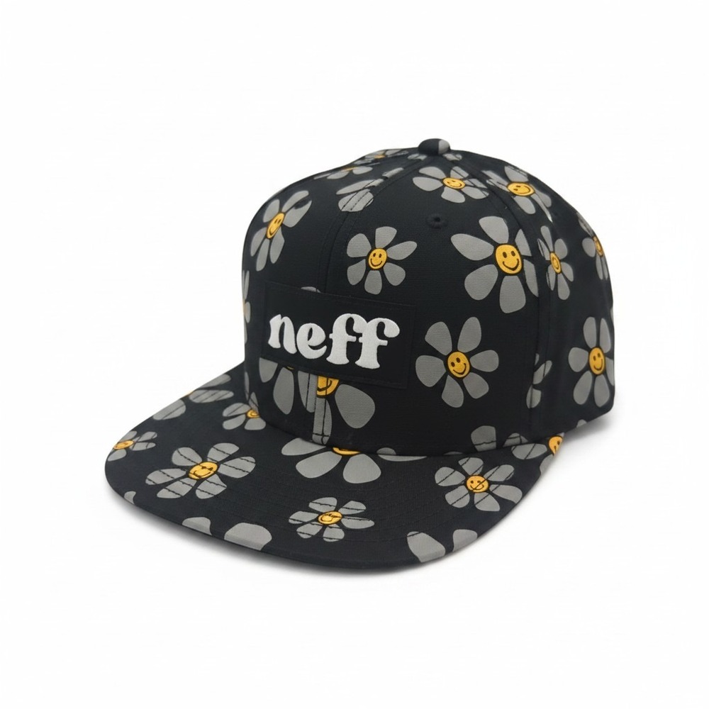 Neff Forever Fun Snapback Hat Black Daisy Smiley Face Floral Print Flat Brim Cap